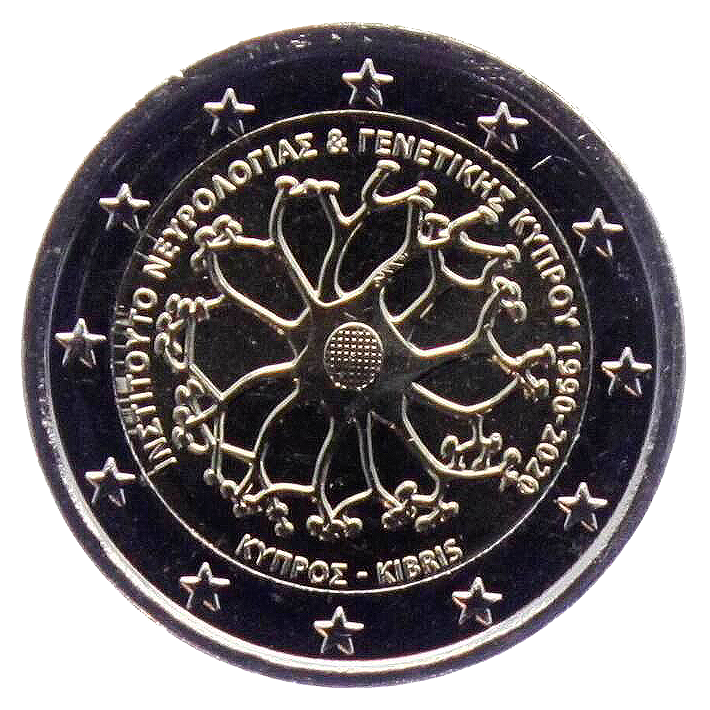 2 euros conmemorativa 30 años del Instituto de Neurología y Genética de Chipre